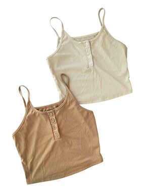 •Ribbed Henley Cami Tank - Cream & Camel Set